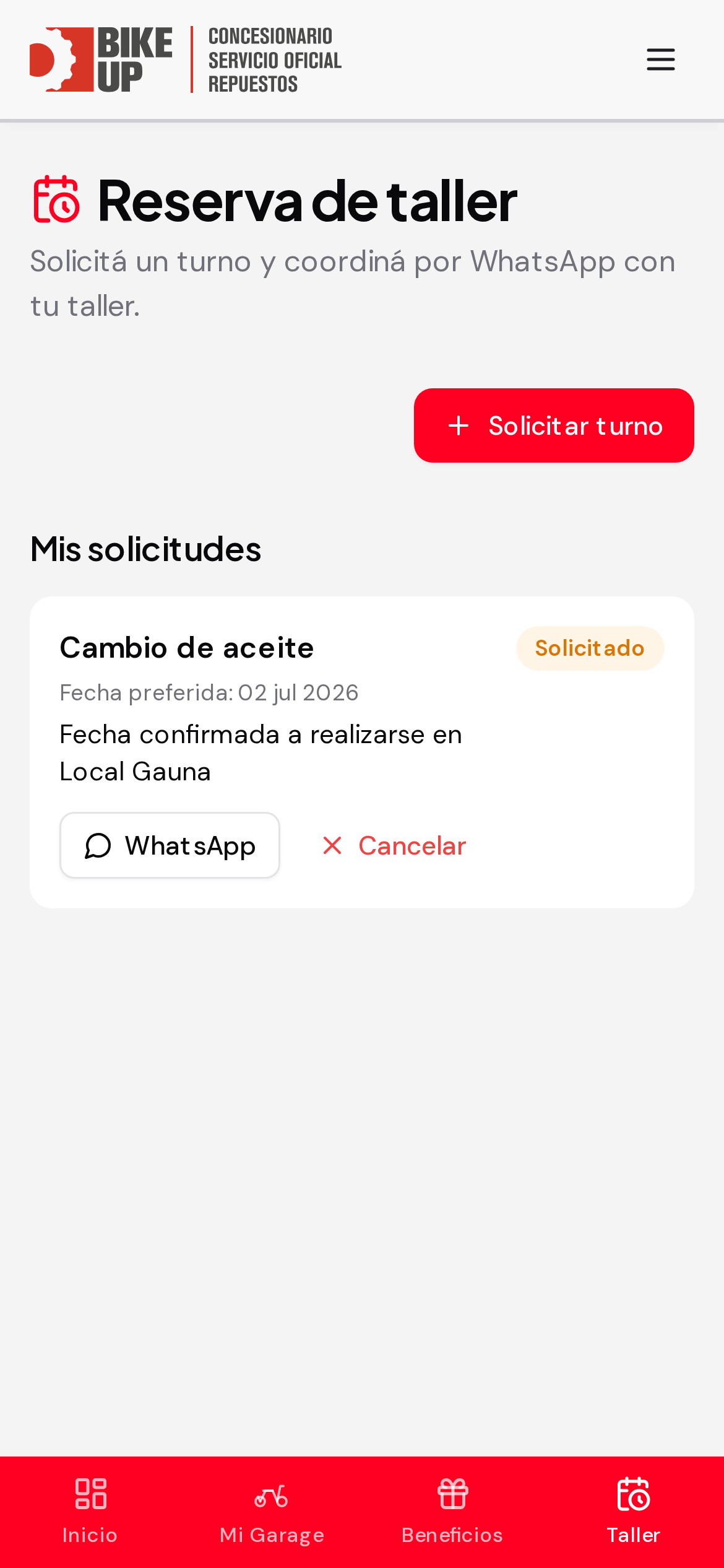 Pantalla Reservas de la app Mebru